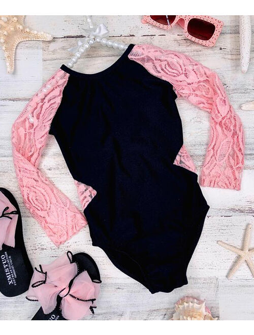 Black & Pink Lace Long-Sleeve One-Piece - Toddler & Girls
