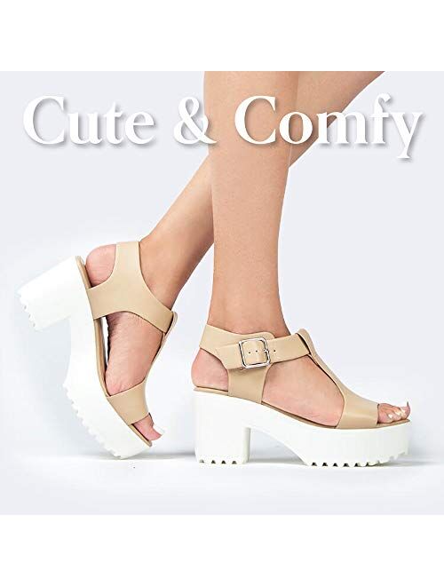 J. Adams Corby Platform Sandals for Women - T-Strap Chunky Mid Heel Sandal
