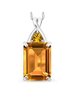 Gem Stone King 10K White Gold Yellow Citrine Pendant Necklace For Women (8.40 Ct Emerald Cut Gemstone Birthstone with 18 Inch Chain)