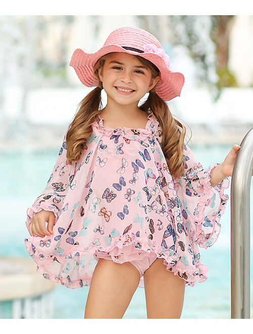 Pink Butterfly Skirted One-Piece & Cover-Up - Girls