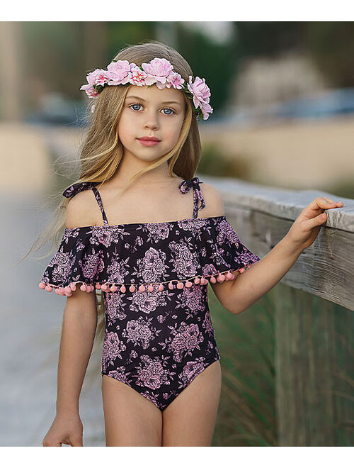 Black & Pink Floral Ruffle Pom-Pom Trim One-Piece - Toddler & Girls