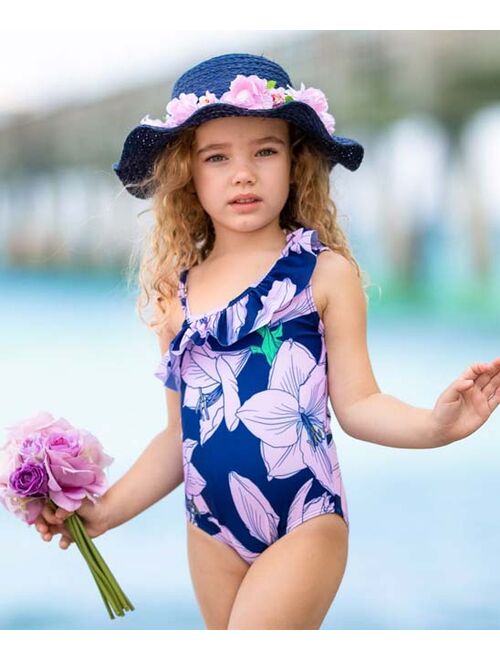 Navy & Pink Floral Ruffle Off-Shoulder One-Piece - Toddler & Girls