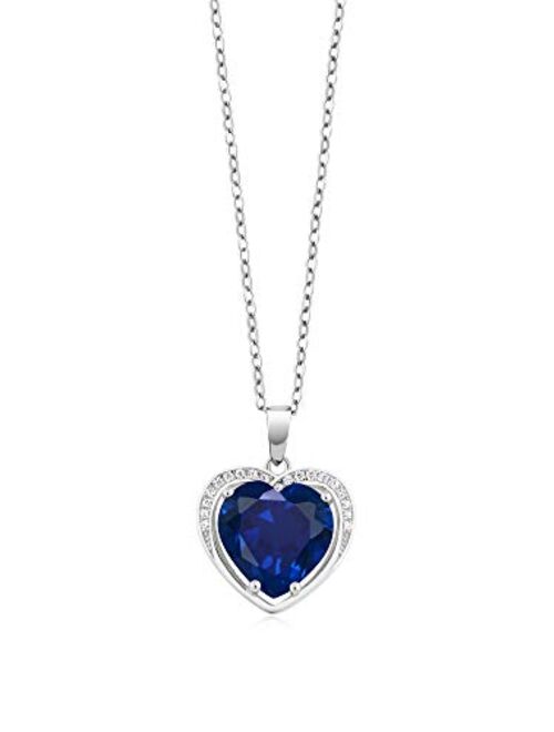 Gem Stone King 925 Sterling Silver Simulated Sapphire Pendant Necklace, 4.20 Cttw Heart Shape with 18 Inch Silver Chain (10MM Center)