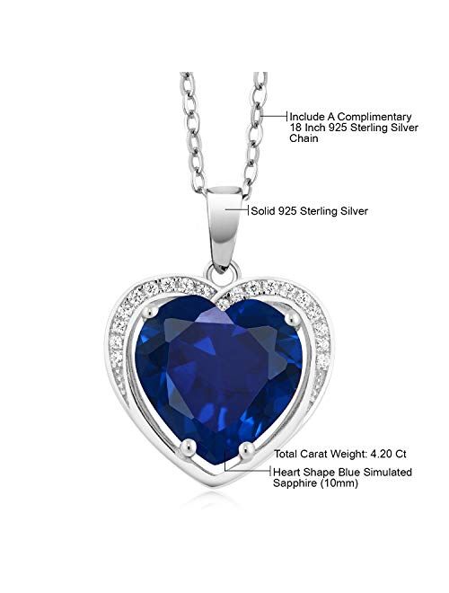 Gem Stone King 925 Sterling Silver Simulated Sapphire Pendant Necklace, 4.20 Cttw Heart Shape with 18 Inch Silver Chain (10MM Center)