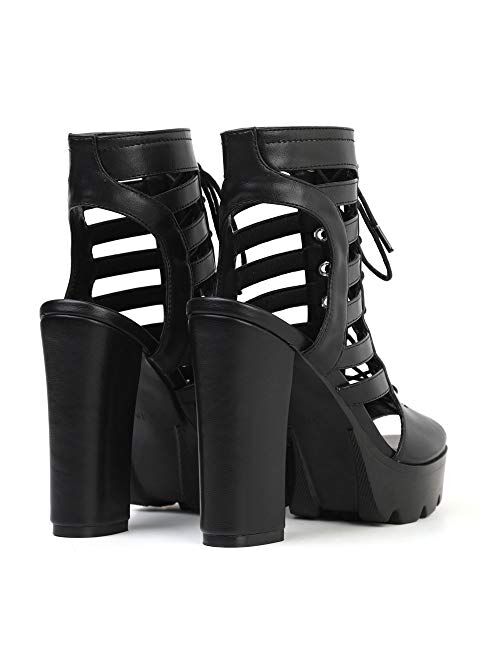 Women's Fashion Block Heels Sandals,Sexy Lace-up Gladiator,Dress Ankle Strap Open Toe Strappy Platform Heel Sandal