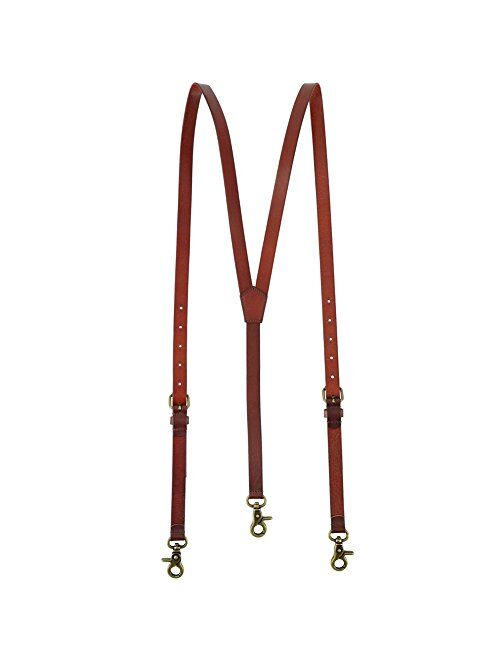 Men's Reddish Brown Shiny Genuine Leather Suspenders, Steampunk Style Y back Adjustable Belt Loop, 3 Snap Hooks