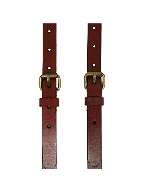 Men's Reddish Brown Shiny Genuine Leather Suspenders, Steampunk Style Y back Adjustable Belt Loop, 3 Snap Hooks