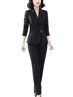 Women’s Offce Lady Two Piece Plaid Blazer Set Double Breasted with Waistband Work Blazer Jacket Pant/Skirt Suit
