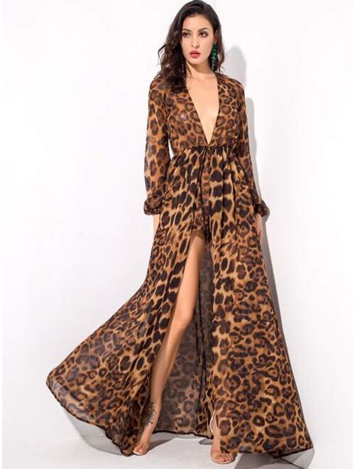 Shein LOVE&LEMONADE Leopard Print Plunge Neck Maxi Jumpsuit