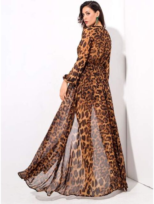 Shein LOVE&LEMONADE Leopard Print Plunge Neck Maxi Jumpsuit