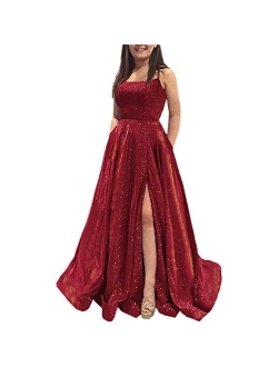 GRAB A DRESS Prom Dresses Long A Line with Pockets Formal Evening Ball Gowns Side Slit Glitter Party Dress 2022