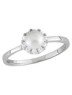 Tiara Kid's Round Cubic Zirconia and Freshwater Pearl Flower Ring in Sterling Silver (4-5mm)