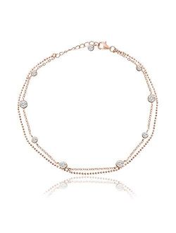 MIA SARINE Sterling Silver 10 Inch Cubic Zirconia Bezel Set Double Layered CZ by the Yard Station Anklet for Women