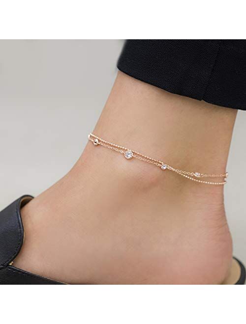 MIA SARINE Sterling Silver 10 Inch Cubic Zirconia Bezel Set Double Layered CZ by the Yard Station Anklet for Women