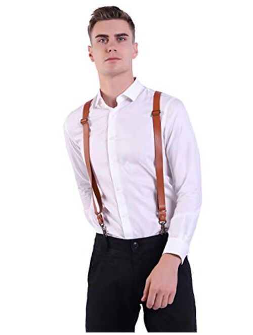 1 Inch Suspenders for Men, Soft Split Leather Brown Y Back, Covered with Superfine Fiber Synthetic PU Leather,3 Snap Hooks