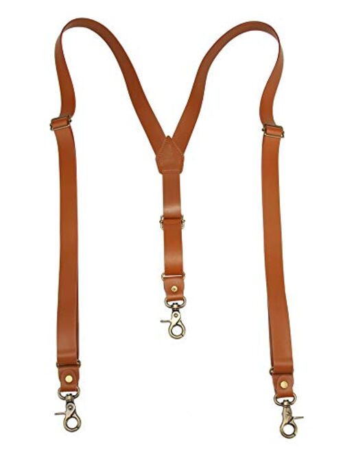 1 Inch Suspenders for Men, Soft Split Leather Brown Y Back, Covered with Superfine Fiber Synthetic PU Leather,3 Snap Hooks