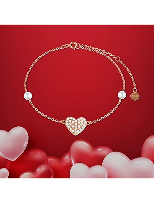 14k Gold Heart Anklet for Women, Real Gold Pearl Love Jewelry Ankle Bracelets Gifts for Wife/Girlfriend, Present for Her, 8.6"-10.2"