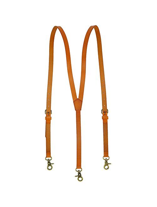 Men's Brown Shiny Genuine Leather Suspenders, Steampunk Style Y back Adjustable Belt Loop, 3 Snap Hooks