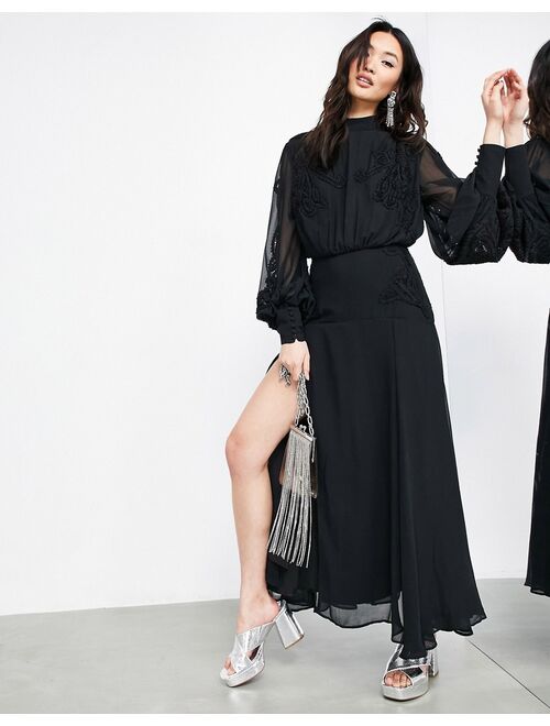 ASOS EDITION delicate embroidered midi dress with blouson sleeve in black