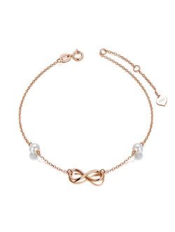 14k Gold Infinity Anklet for Women, Real Pearl Love Knot Ankle Bracelet Jewelry Gifts for Her, 8.6"+0.8"+0.8"