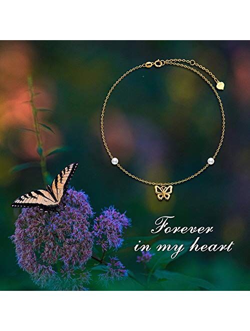 14k Gold Butterfly Anklets for Women, Real Pearl Fine Jewelry Ankle Bracelet Gifts for Her, 8.6+0.8+0.8 Inch