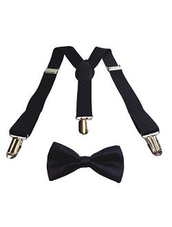 Kids BLACK Tuxedo Bow Tie And Supenders Set - PreTied Bow Tie With Adjustable Children Suspenders