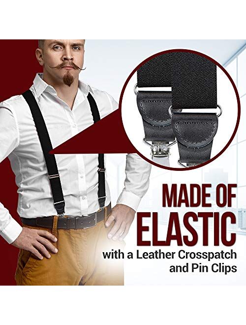 Hold'Em Mens Elastic No Slip Pin Clip Y Back Suspenders With Leather Trim -
