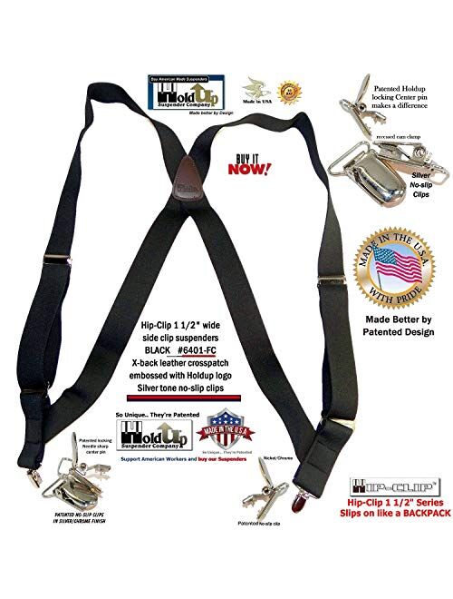 Holdup Black Trucker Style Hip-clip X-back Suspenders with patented no-slip silver-tone clips