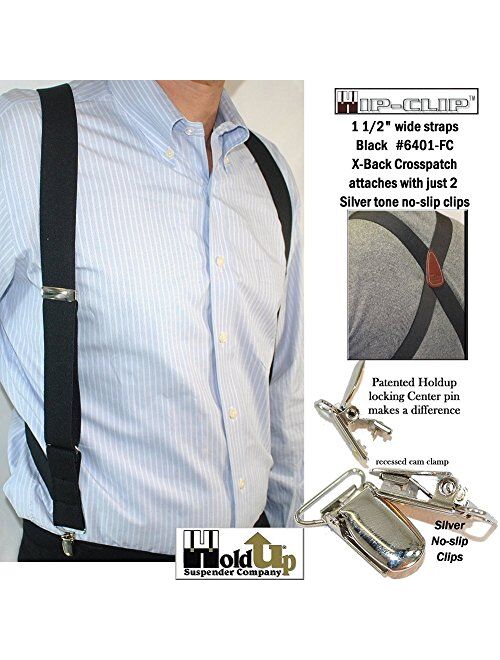 Holdup Black Trucker Style Hip-clip X-back Suspenders with patented no-slip silver-tone clips