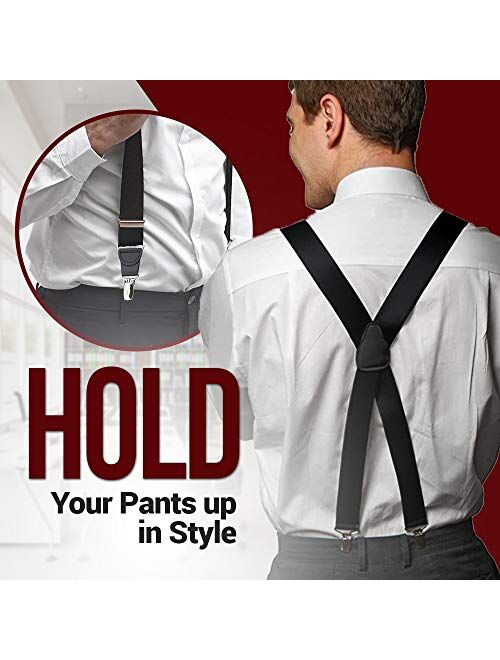 Mens Elastic No Slip Pin Clip X Back Suspenders With Leather Trim