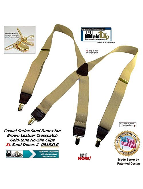 Hold Suspender Company's XL Sand Dunes light Tan Casual Suspenders in X-back and Patented Gold-tone no-slip Clips