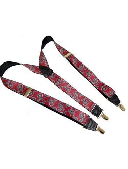 Holdup Red Paisley designer pattern Suspenders in Y-back and Patented No-slip Gold Clips