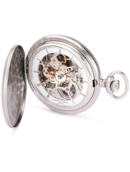 Charles-Hubert Paris Charles-Hubert, Paris 3906-W Premium Collection Stainless Steel Satin Finish Hunter Case Mechanical Pocket Watch