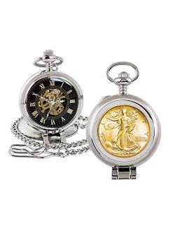Coin Pocket Watch with Skeleton Quartz Movement | Gold Layered Silver Walking Liberty Half Dollar | Genuine U.S. Coin | Sweeping Second Hand, Roman Numerals | Certificate