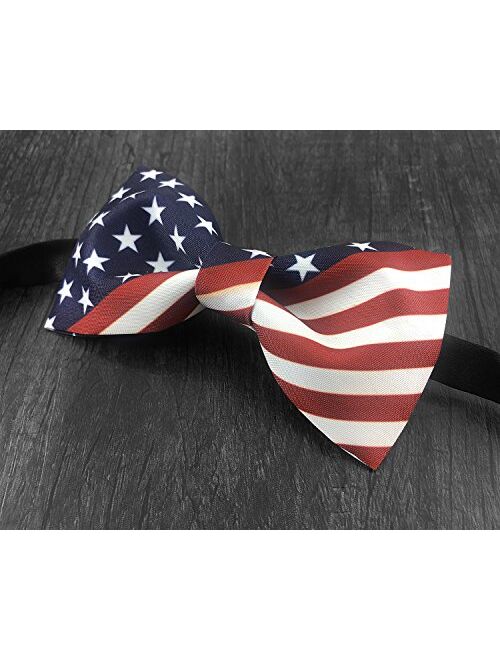 GUUNIEE 100% Satin Silk Mens Pre-tied Bowtie Stars Stripes American Flag Solid Bow Ties