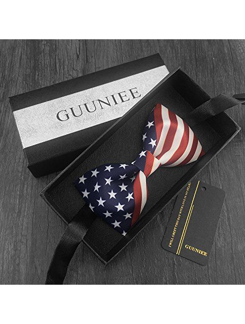 GUUNIEE 100% Satin Silk Mens Pre-tied Bowtie Stars Stripes American Flag Solid Bow Ties