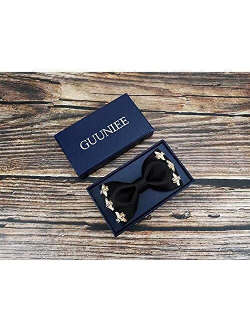 GUUNIEE Men's 100% Satin Silk Luxury Bling Black Pre-tied Bow Ties Solid Bowtie