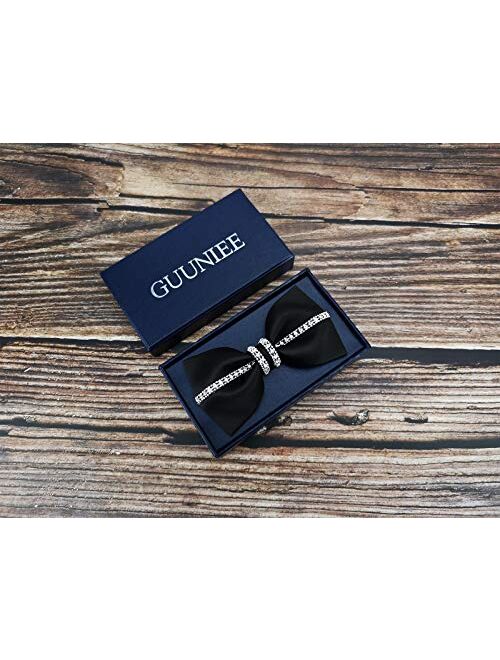 GUUNIEE Men's 100% Satin Silk Luxury Crystal Rhinestone Shining Pre-tied Solid Bow Ties Bling Bowties