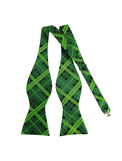 GUUNIEE Men's Exquisite Woven Green Self Bow Tie Solid Plaid Bowties