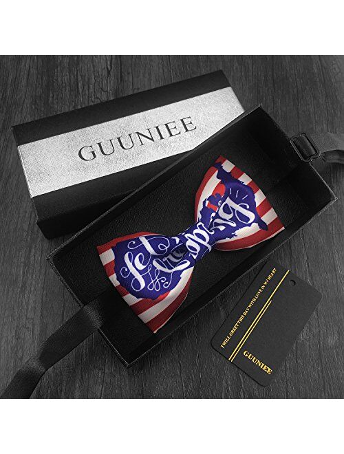 GUUNIEE 100% Satin Silk Mens Bowtie Stars Stripes American Flag United States Map Bow Ties