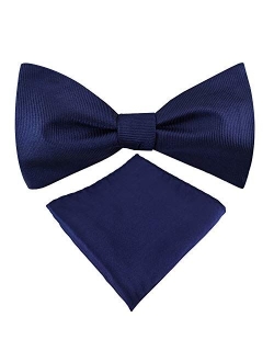 Mens Exquisite Woven 100% Silk Self Bowtie Solid Plain Bow Ties & Pocket Square Set