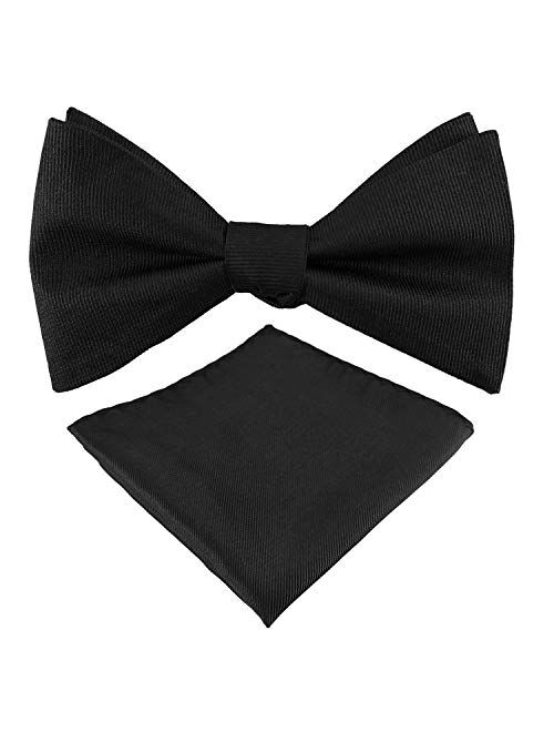 GUUNIEE Mens Exquisite Woven 100% Silk Self Bowtie Solid Plain Bow Ties & Pocket Square Set