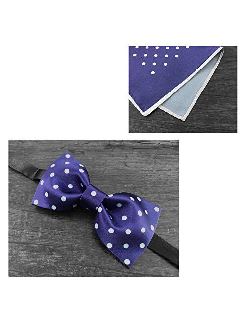 GUUNIEE 100% Satin Silk Hot Dot Solid Pre-Tied Mens Bow Tie & Pocket Square Set