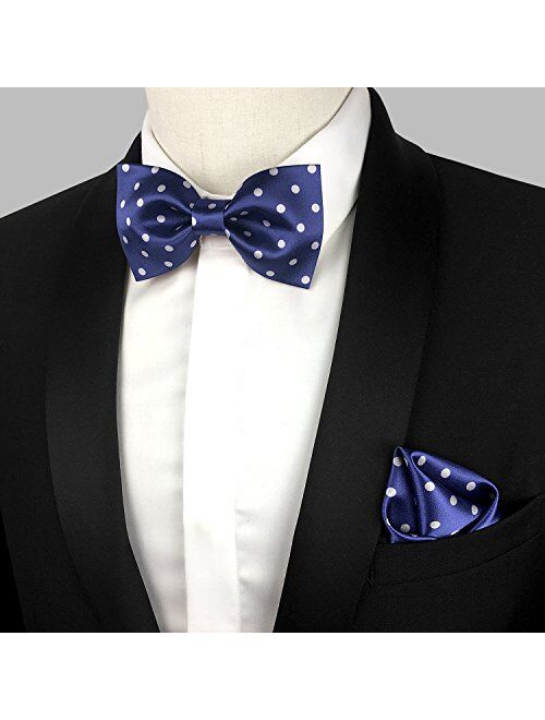 GUUNIEE 100% Satin Silk Hot Dot Solid Pre-Tied Mens Bow Tie & Pocket Square Set