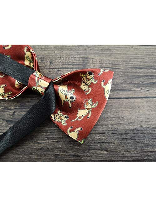 GUUNIEE Mens 100% Satin Silk Pre-tied Solid Bowtie Christmas Elk Bow Ties