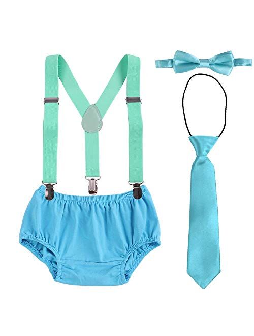 IBTOM CASTLE Cake Smash Outfit Set for Baby Boys 1st/2nd Birthday Diaper Cover Bowtie Suspenders Ties Bloomers for Photography Party