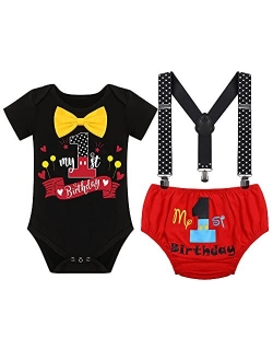 1/2 / First Birthday Outfit for Baby Boy Cake Smash Mouse Wild One Party Clothes Set Nappy Cover Suspenders Bowtie Costume