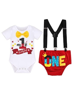 1/2 / First Birthday Outfit for Baby Boy Cake Smash Mouse Wild One Party Clothes Set Nappy Cover Suspenders Bowtie Costume