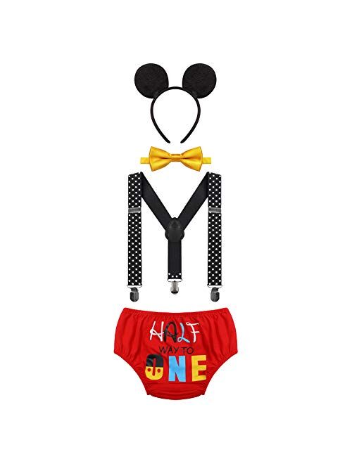 IBTOM CASTLE 1/2 / First Birthday Outfit for Baby Boy Cake Smash Mouse Wild One Party Clothes Set Nappy Cover Suspenders Bowtie Costume