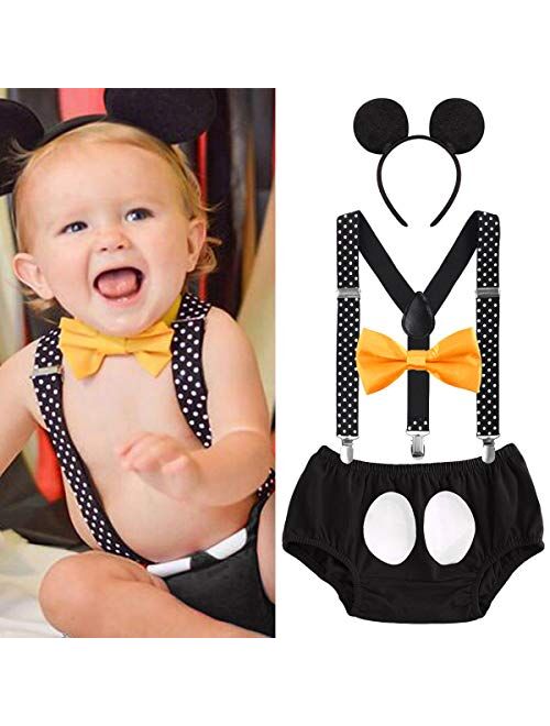 IBTOM CASTLE Baby Boys Girls 1st/2nd Birthday Cake Smash Photography Outfit Suspenders Bloomers Bowtie Mouse Ear Fishing Party Clothes Set
